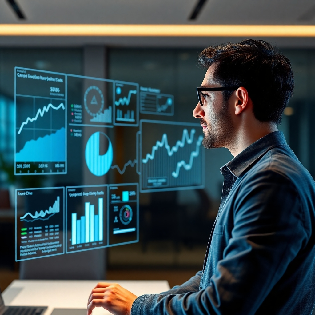 A photorealistic image of a businessperson looking at a holographic projection of dynamic data charts and graphs, overlaid with AI-powered predictive analytics visualizations, in a modern, minimalist office setting. The overall mood is optimistic and forward-thinking.