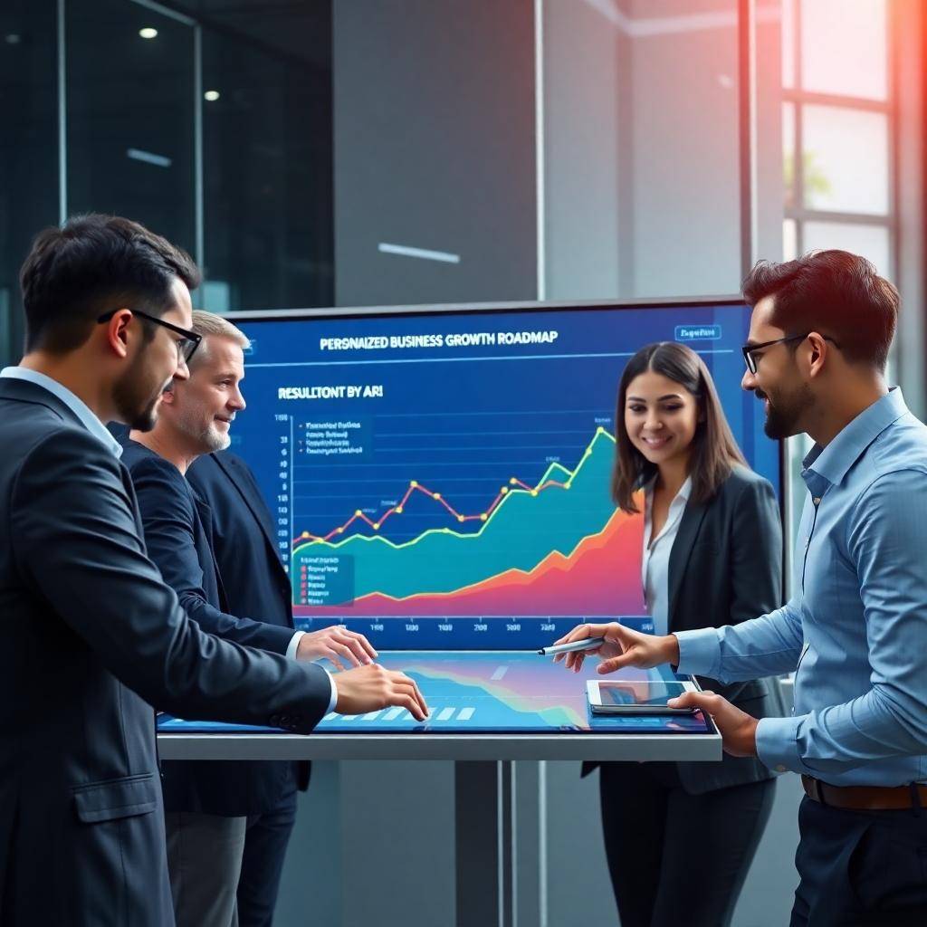 A photorealistic image of a diverse group of business professionals collaborating around a large interactive touchscreen displaying a personalized business growth roadmap generated by AI. The mood is collaborative, positive, and results-oriented.