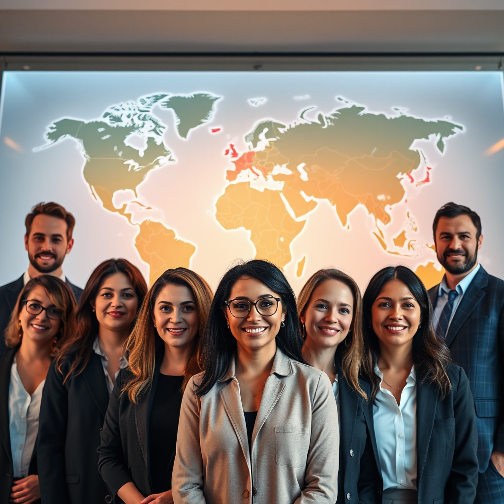 A photorealistic image of a diverse group of business professionals standing in front of a map highlighting key locations around the world. Each professional represents a different region or culture, showcasing the local expertise available through the alliance. The lighting is warm and inviting, creating a sense of community and collaboration. The color palette is diverse and inclusive, reflecting the global nature of the network. The camera angle is a medium shot, focusing on the faces of the professionals and the details of the map.
