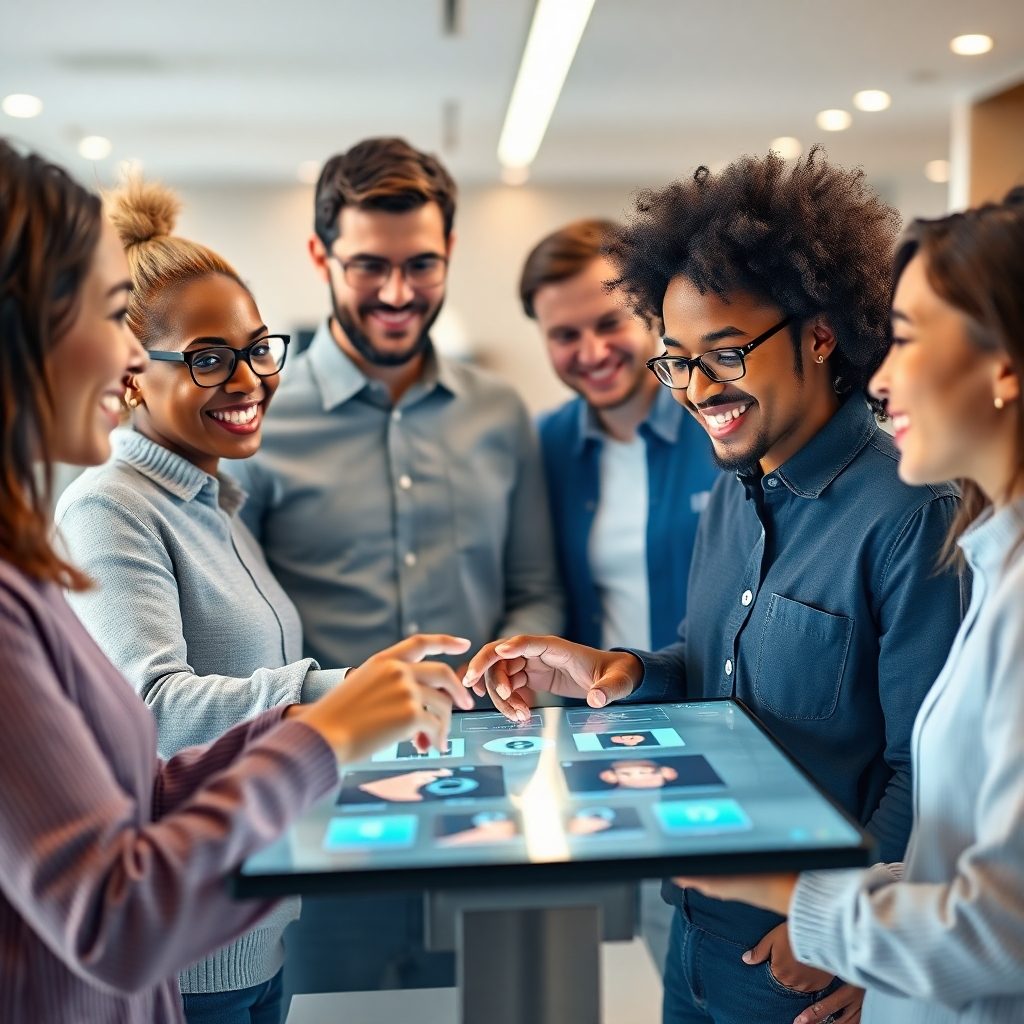 A photorealistic image of a diverse group of happy customers interacting with a seamless, AI-powered digital interface that provides personalized recommendations and support. The background should be a modern, minimalist setting. The overall feel should be friendly, efficient, and personalized.