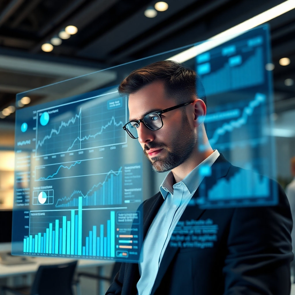 A photorealistic image of a modern businessperson looking at a holographic projection of data charts and graphs, overlaid with AI-generated strategic insights and growth projections. The background should be a sleek, modern office setting. The overall mood is one of confidence and forward-thinking.