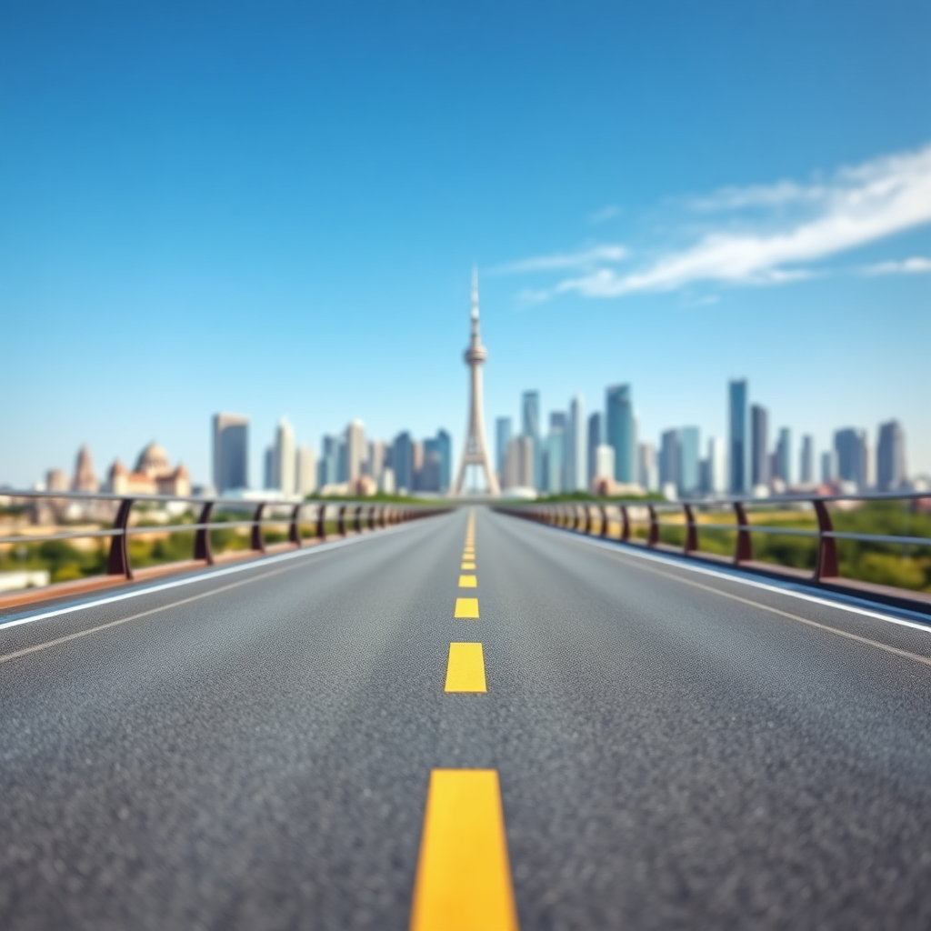 A photorealistic image of a strategic roadmap leading to a foreign city skyline in the distance. The roadmap is detailed and precise, guiding the viewer towards the destination. The skyline represents the target market, with recognizable landmarks and architectural details. The lighting is bright and optimistic, creating a sense of opportunity and success. The color palette is professional and inviting, with blues and greens dominating the scene. The camera angle is a low-angle shot, emphasizing the roadmap and the skyline. The overall style is modern and strategic.