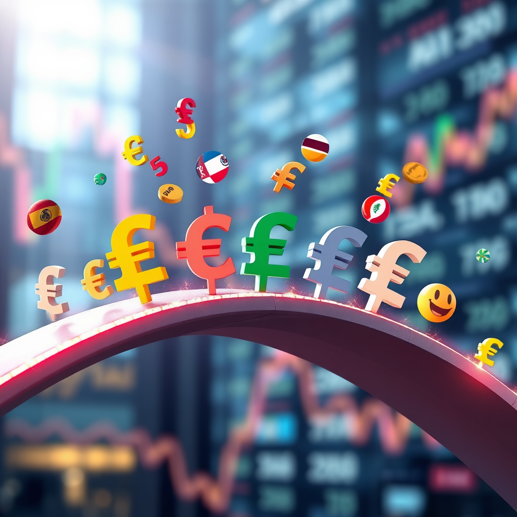 A photorealistic image of currency symbols from different countries flowing across a digital bridge, symbolizing seamless cross-border payments. The currencies are diverse and recognizable, representing the global nature of the service. The digital bridge is modern and sleek, representing the technology facilitating the transactions. The lighting is bright and dynamic, with a vibrant color palette representing the flow of money. The camera angle is a medium shot, focusing on the currencies and the digital bridge. The background is a blurred, abstract representation of financial markets.