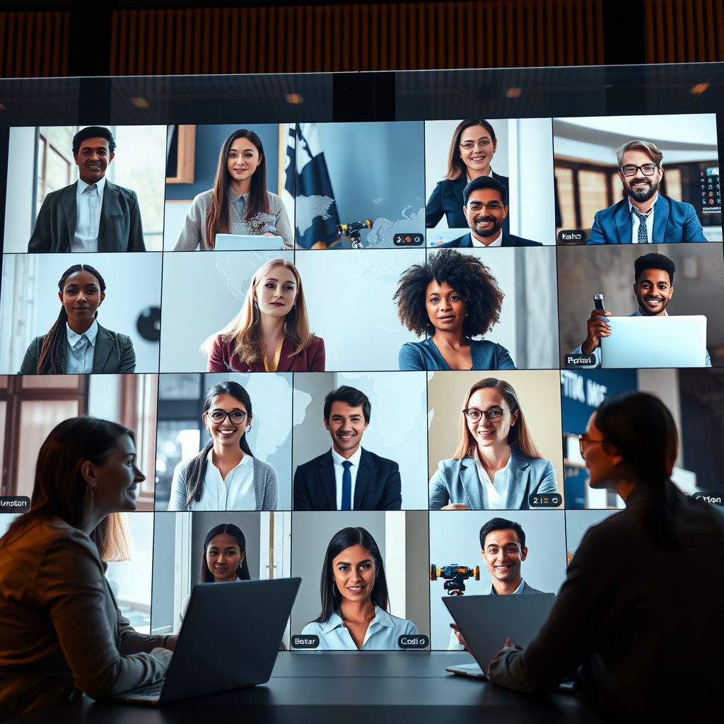 A photorealistic image of diverse business professionals engaging in a virtual meeting via holographic displays. Each participant is shown in their respective environment, showcasing the global reach of the connection. The lighting is warm and inviting, emanating from the holographic displays. The color palette is diverse and inclusive, reflecting the global nature of the alliance. The camera angle is a wide shot, capturing the various participants and their environments. The overall style is modern and professional, emphasizing the ease of virtual collaboration.