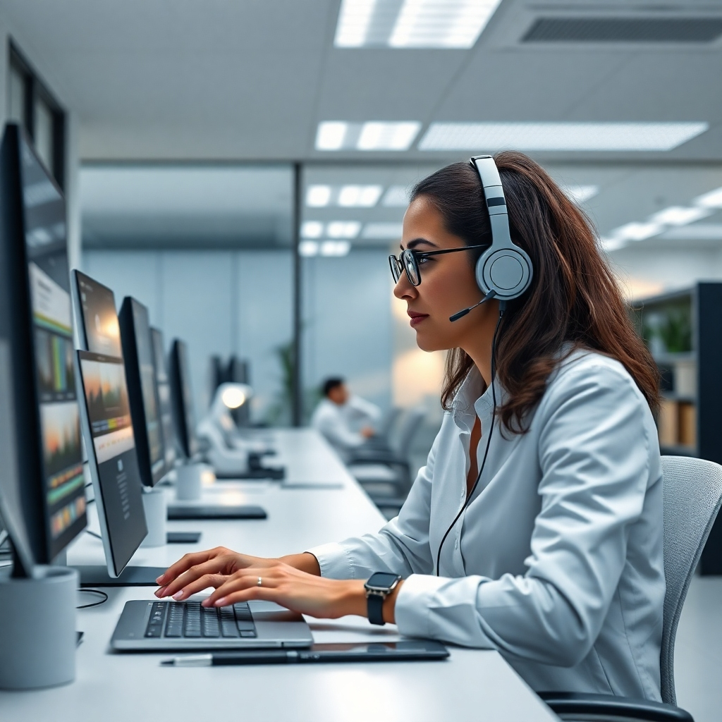 A photorealistic image showcasing a clean, modern office workspace, with a sleek AI assistant interface seamlessly integrated into the workflow. The scene emphasizes automation, streamlined workflows, and increased productivity, highlighting a sense of calm efficiency.