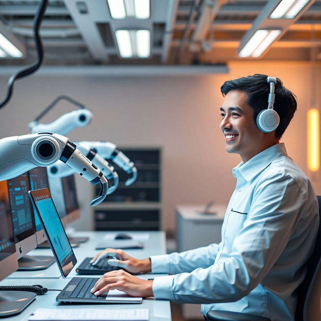 A photorealistic image showcasing a futuristic, clean workspace with several robotic arms efficiently performing various business tasks, like data entry or report generation. A human worker is shown calmly overseeing the process, smiling. The image should emphasize automation and efficiency, with a clean, modern aesthetic.