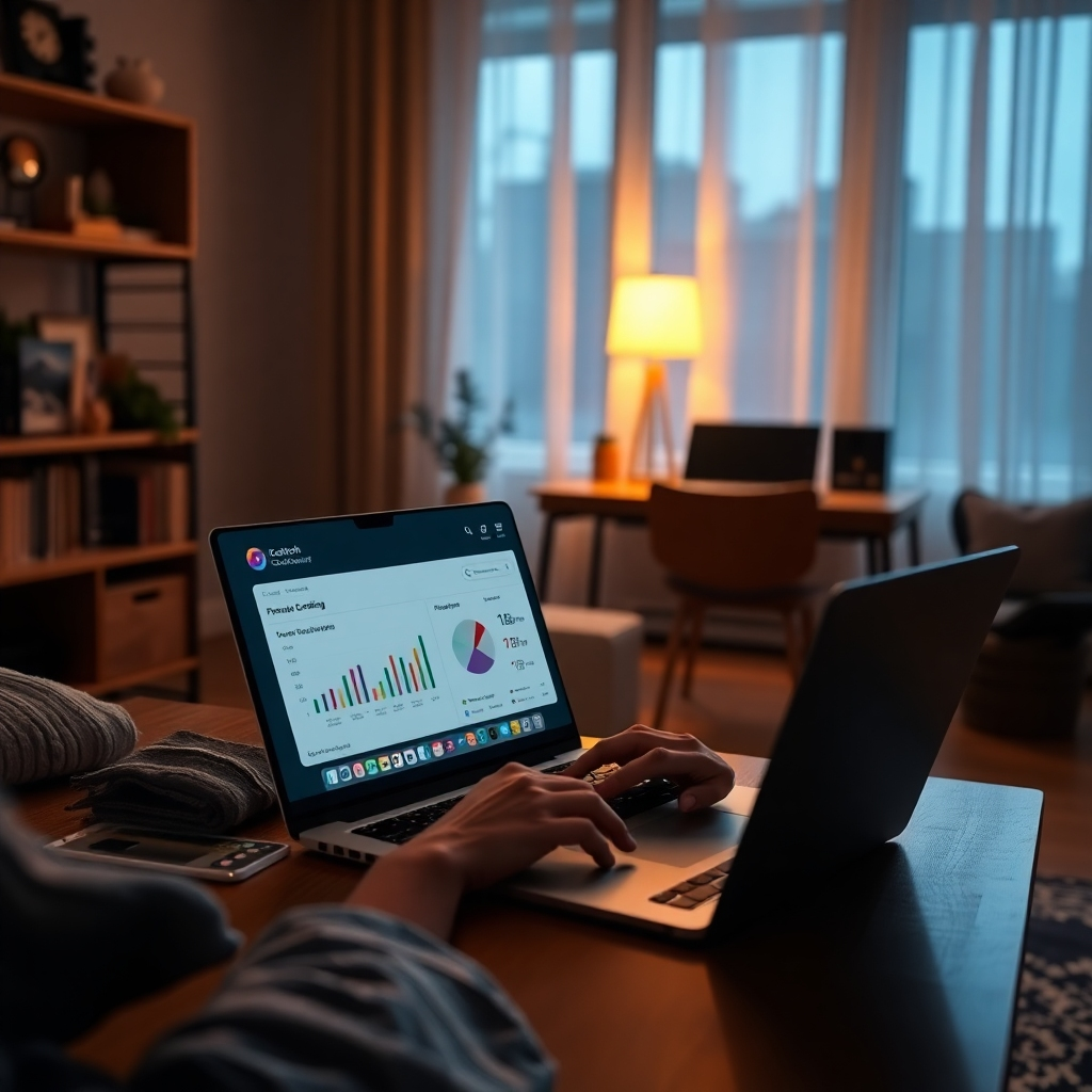 A photorealistic image showing a person working on a laptop at night in a cozy home office.  The laptop screen displays an AI-powered coaching dashboard with progress charts, notifications, and access to various resources.  The overall mood should be calm, productive, and comfortable.