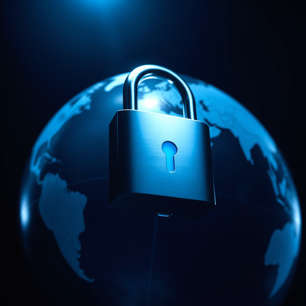 A stylized image of a digital lock superimposed on a globe, symbolizing secure global communication. The lock is sleek and modern, representing advanced security technology. The globe is a transparent, holographic projection, showcasing various countries. The lighting is dramatic, with a strong light source highlighting the lock. The color palette is cool and professional, with blues and silvers dominating the scene. The camera angle is a close-up, focusing on the lock and the details of the globe. The background is a dark, minimalist space, emphasizing the security aspect.