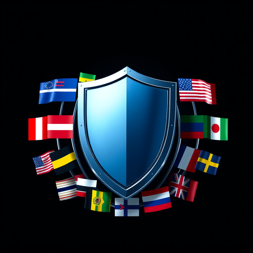 A stylized image of a shield with international flags surrounding it, symbolizing global compliance and protection. The shield is sleek and modern, representing strong security measures. The flags are diverse and colorful, representing the global reach of the service. The lighting is dramatic, with a strong light source highlighting the shield. The color palette is professional and trustworthy, with blues and silvers dominating the scene. The camera angle is a close-up, focusing on the shield and the flags. The background is a dark, minimalist space, emphasizing the security aspect.