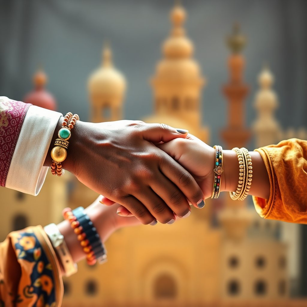 A stylized image of hands from different cultures coming together to shake, symbolizing cultural understanding and collaboration. The hands are diverse in skin tone and adorned with traditional jewelry and accessories. The lighting is soft and inviting, creating a sense of respect and harmony. The color palette is warm and earthy, reflecting the diversity of cultures. The camera angle is a close-up, focusing on the hands and the act of shaking. The background is a blurred, abstract representation of different cultural landmarks.