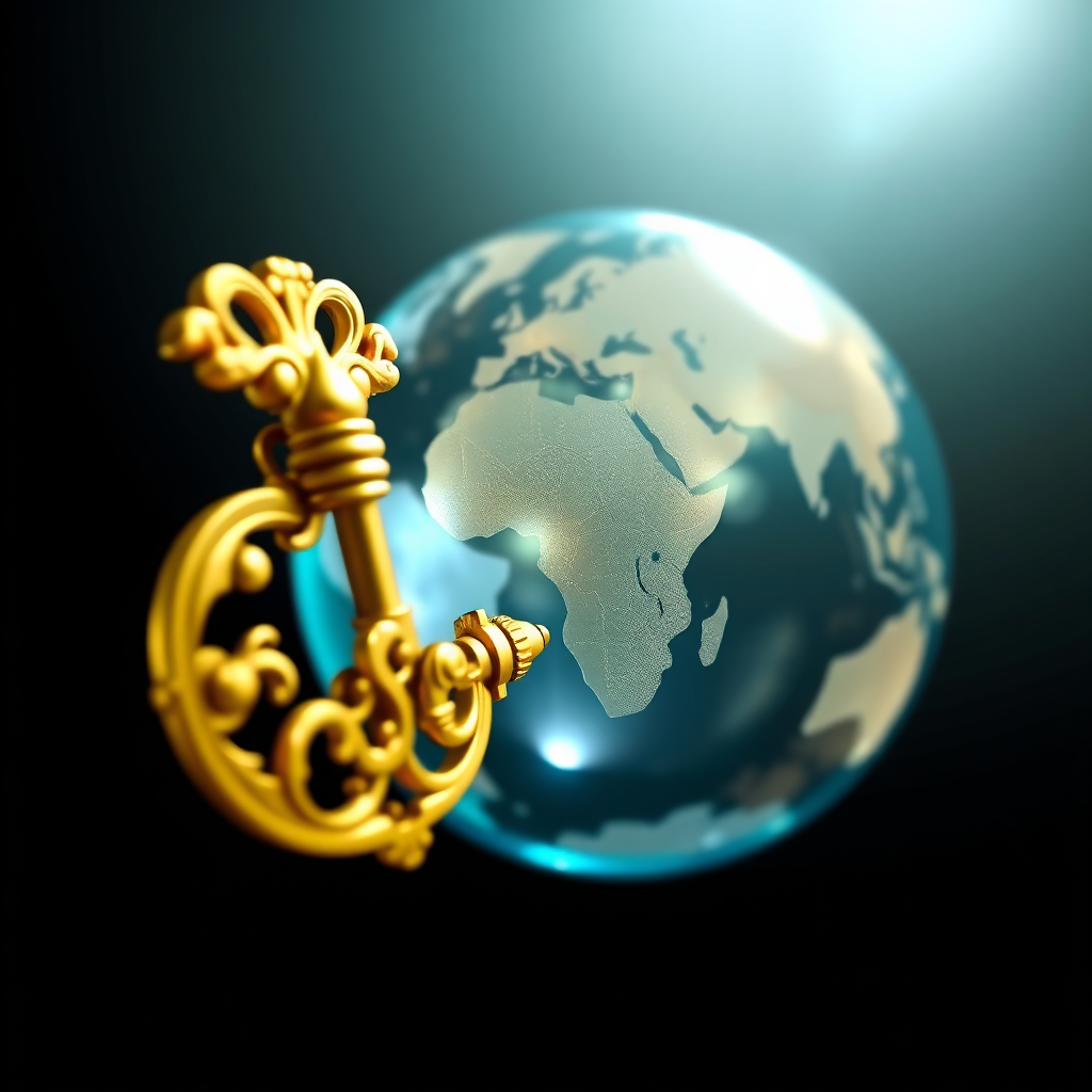 A stylized, vibrant image of a key unlocking a globe, symbolizing the unlocking of global opportunities. The key is ornate and golden, while the globe is a transparent, holographic projection showcasing various landmarks. The lighting is dramatic, with a strong light source highlighting the key and casting a soft glow on the globe. The color palette is rich and inviting, with golds, blues, and greens dominating the scene. The camera angle is a close-up, focusing on the key and the details of the globe. The background is a dark, minimalist space, emphasizing the central image.