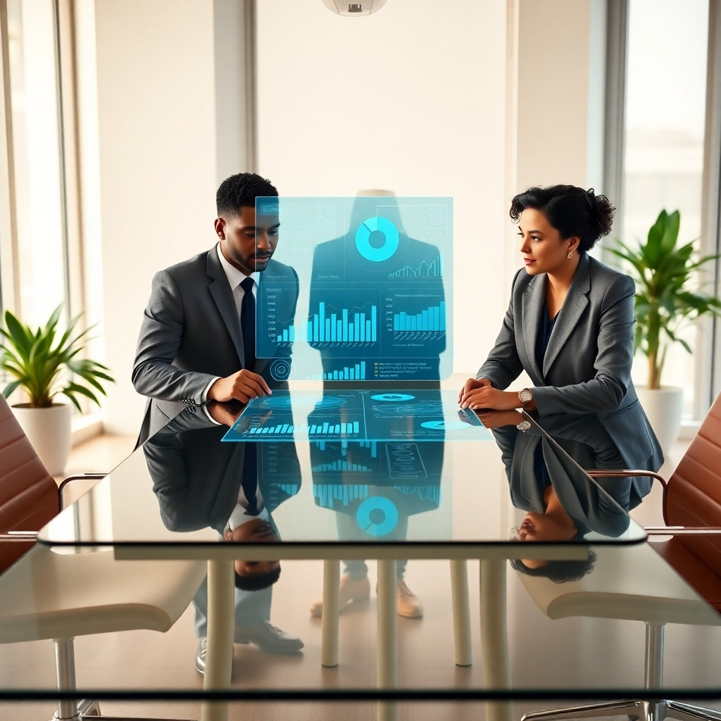 Photorealistic image, 8K resolution, hyperrealistic detail. A diverse team of three business professionals, mid-thirties, confidently discussing around a large, modern table in a bright, minimalist office. Soft diffused lighting from large windows, creating a warm and inviting atmosphere. Color palette:  Earthy tones with pops of teal and gold. Camera angle: slightly high, looking down on the table, showing the engagement.  The table features a large holographic display showing projected AI-generated business charts, graphs and forecasts.  Textures: smooth glass table, soft leather chairs, crisp fabric suits.  Environmental elements: Modern, stylish office with plants and natural light. Style reference: Annie Leibovitz. The image should convey collaboration, innovation, and success.  Focus on showcasing the AI tools enhancing their strategic discussion.