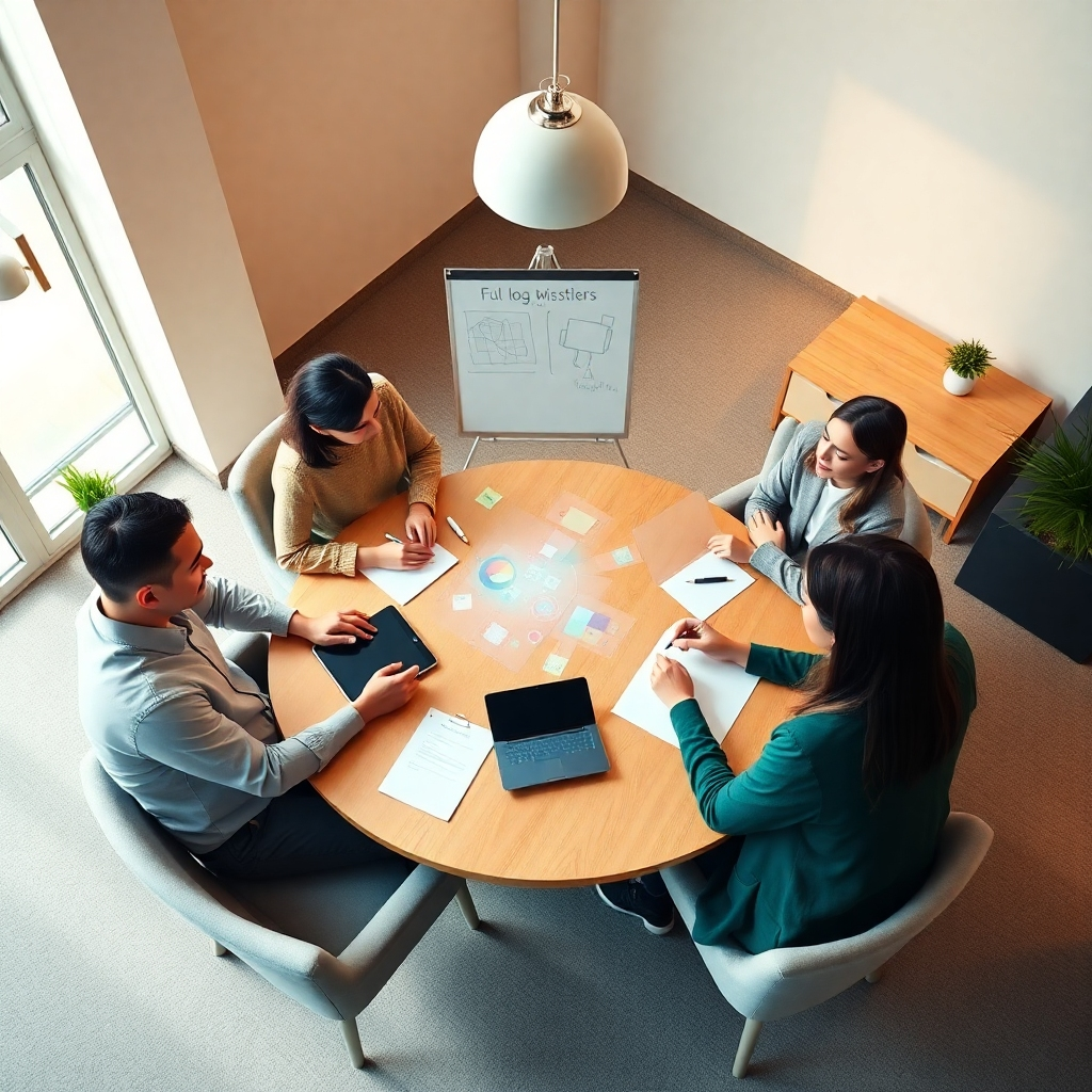 Photorealistic image, ultra-detailed, cinematic lighting. A diverse group of five business professionals are collaborating and brainstorming ideas around a circular table in a bright, open-plan office space with natural light. Soft, warm lighting, creating a collaborative and engaging ambiance. Color palette: Natural, warm tones with accents of blue and green. Camera angle: slightly elevated, looking down at the group from above, conveying unity and connection. The environment depicts a calm, creative workspace with whiteboard notes, charts, and comfortable seating. Textures: smooth wood table, various textures of clothing, soft carpet. The AI-powered coaching platform is represented by a subtle holographic projection subtly integrated into the scene. Style reference: Steve McCurry. The image should showcase team cohesion, creativity, and productivity. The AI element should be integrated subtly, enhancing rather than dominating the scene.