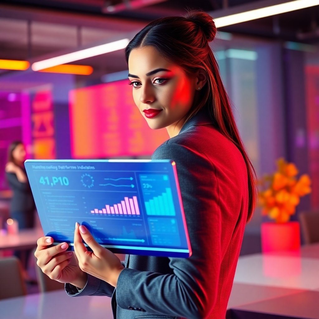 Photorealistic image, ultra-high definition. A young, successful businesswoman, late twenties, confidently reviewing data on a sleek, holographic tablet in a modern, vibrant office setting. Dramatic side lighting, creating depth and contrast. Color palette: Bright, energetic with a mix of purples, oranges, and blues. Camera angle: over the shoulder shot focusing on the tablet screen displaying key marketing performance indicators (KPIs) and AI-generated insights. The woman is impeccably dressed in modern business attire. Textures: smooth tablet screen, textured fabric of the clothing, glossy desk surface. Environmental elements: A modern, tech-focused office with futuristic design elements. Style reference:  Peter Lindbergh. Convey the efficiency and dynamism of AI-driven marketing. The image should emphasize the empowerment and control the businesswoman has with the technology.