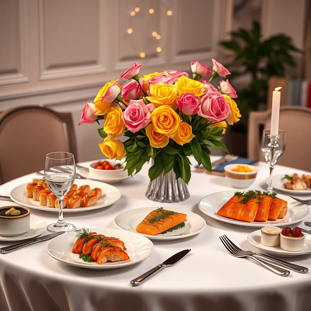 A beautifully decorated table with white linen tablecloth, elegant silverware, and a centerpiece of vibrant pink and yellow roses. The table is set with gourmet food, including plates of sushi, grilled salmon, and a selection of desserts. The image should have a warm, inviting ambiance.