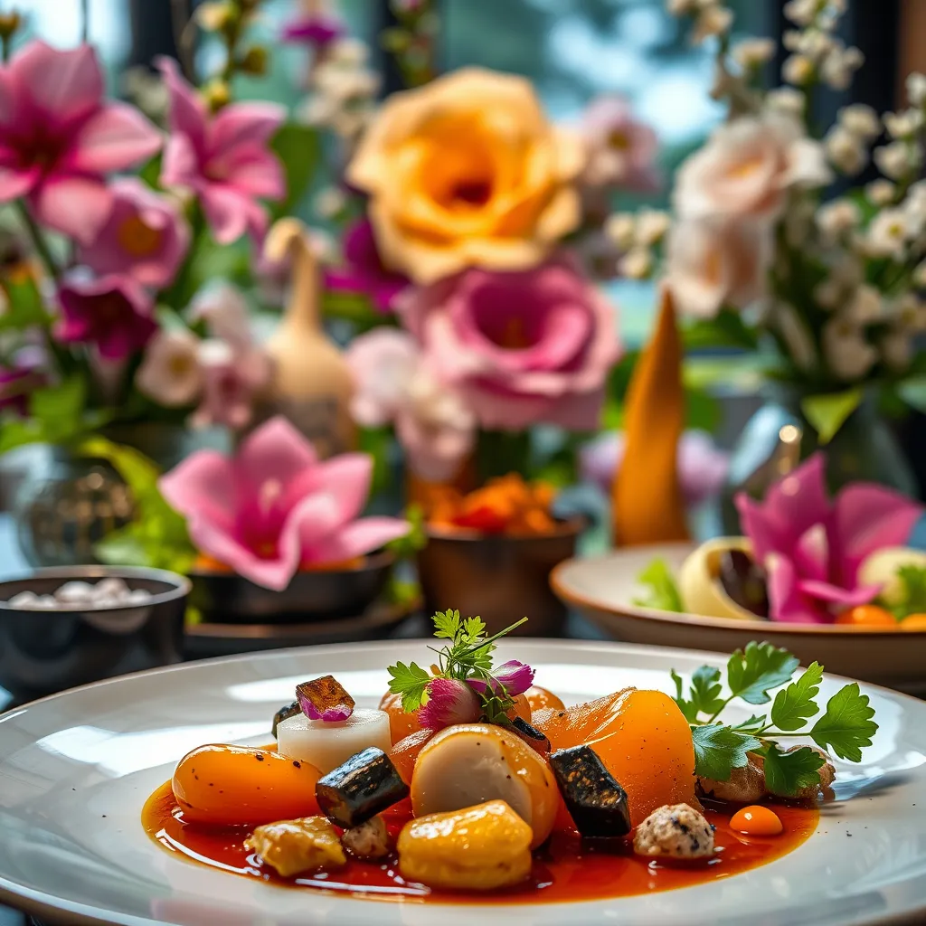 A beautifully plated, gourmet meal with an assortment of colors, textures, and artistic arrangements. Focus on a single dish in the foreground, with a backdrop of lush greenery and delicate floral arrangements.