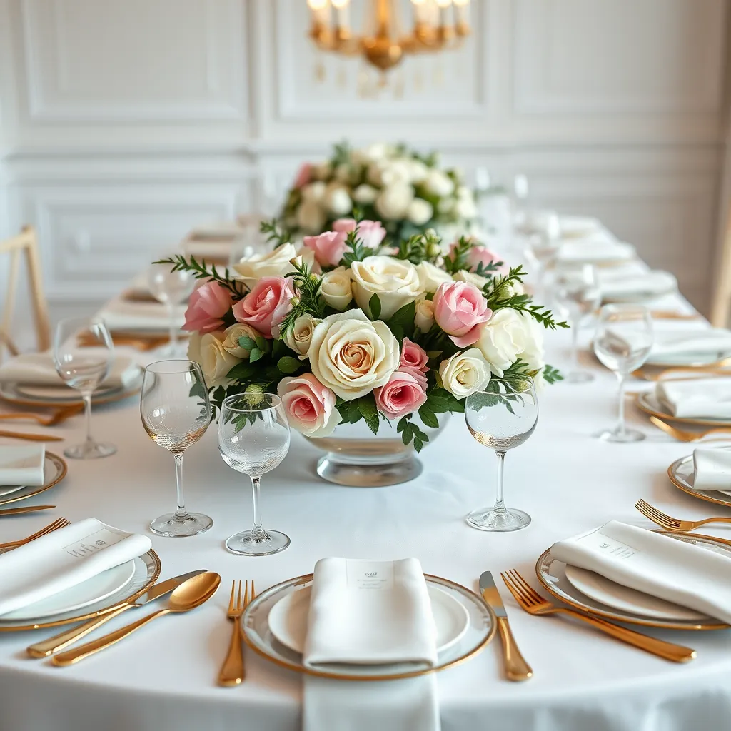 A beautifully set table with white linens, gold silverware, and elegant floral centerpieces. The flowers should be a mix of white roses, pink peonies, and green foliage, arranged in a low, circular vase. The table should be set for a formal dinner, with plates, glasses, and napkins.