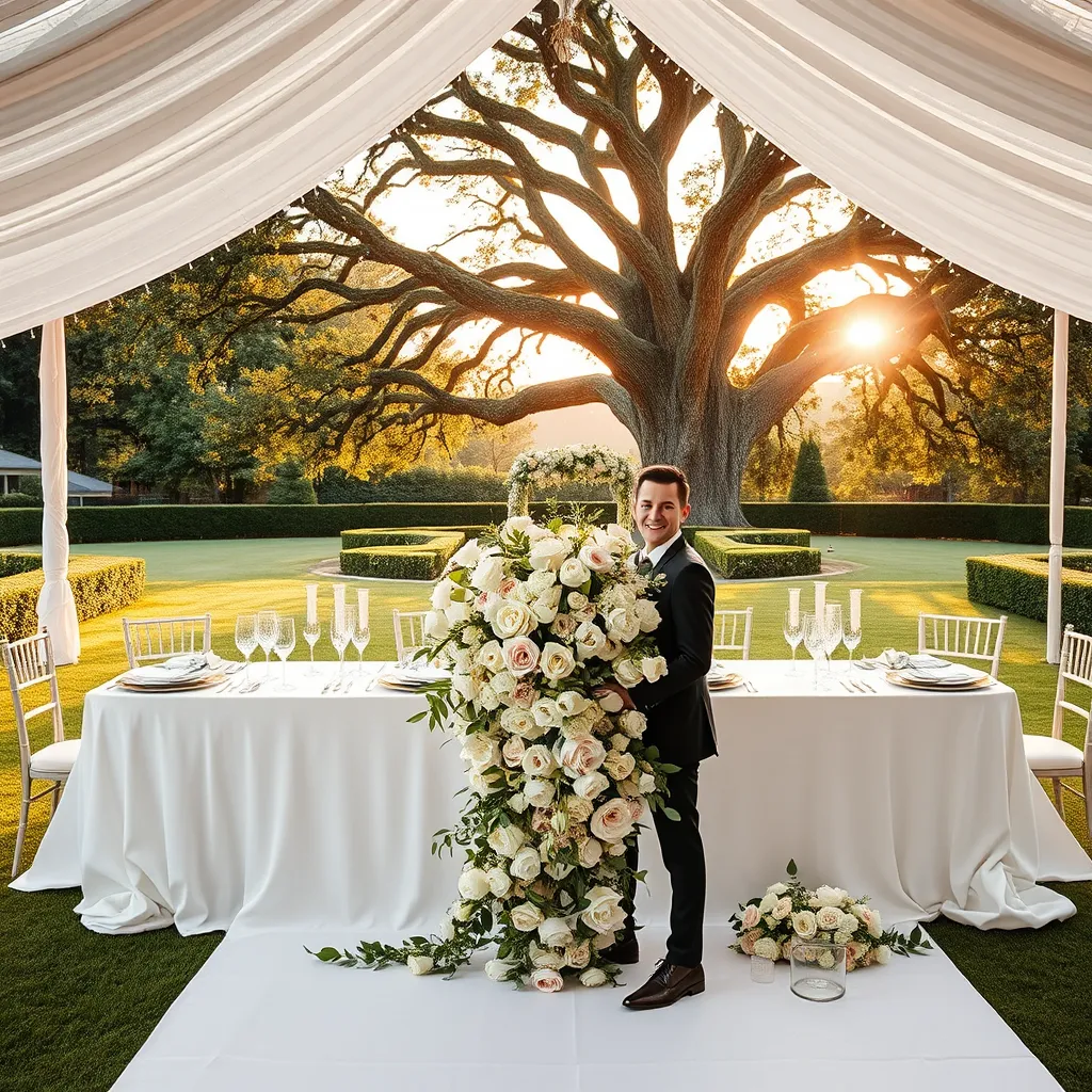 A breathtaking wedding scene with a large, beautifully decorated white tent draped with sheer white fabric and twinkling fairy lights. The table is set with elegant white linens, silver cutlery, and crystal glasses. A cascade of white and blush pink roses, peonies, and hydrangeas adorns the center of the table, spilling onto the floor. The surrounding landscape features lush green lawns, manicured hedges, and a towering oak tree with soft golden sunlight filtering through its branches. The bride and groom stand smiling in the foreground, dressed in elegant attire. Capture the joy and romance of the occasion with a soft, natural lighting style and a warm, inviting color palette. Render this scene in ultra-realistic 8K resolution, showcasing intricate details of the floral arrangements, fabric textures, and the couple's expressions. Achieve a dreamy and timeless aesthetic, reminiscent of classic wedding photography.