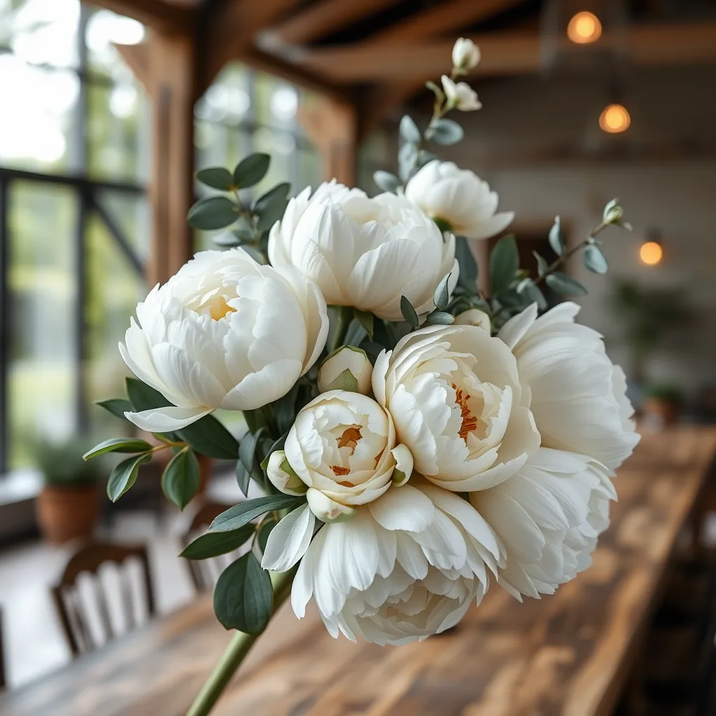 A close-up shot of a bouquet of white peonies and eucalyptus branches. The background is blurred, showcasing a large outdoor space with a rustic wooden table and chairs. The image should evoke a sense of serenity and sophistication.