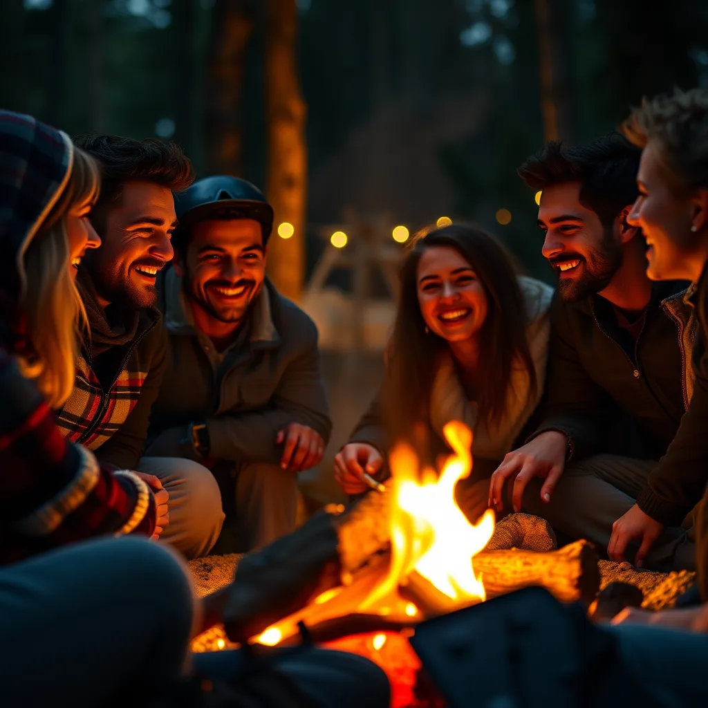 A close-up shot of a group of friends gathered around a campfire, sharing stories and laughter. The image should be warm and inviting, capturing the feeling of connection and intimacy. The campfire should be glowing brightly, casting a warm light on the faces of the friends.