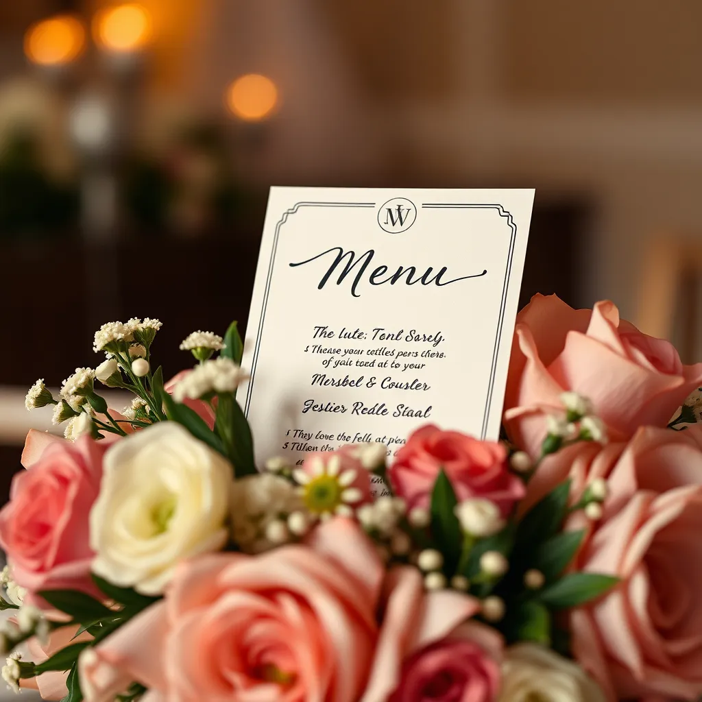 A close-up shot of a personalized menu card nestled amongst a delicate bouquet of flowers, with a handwritten note and the couple's initials. The background should have a soft, romantic setting with warm lighting.