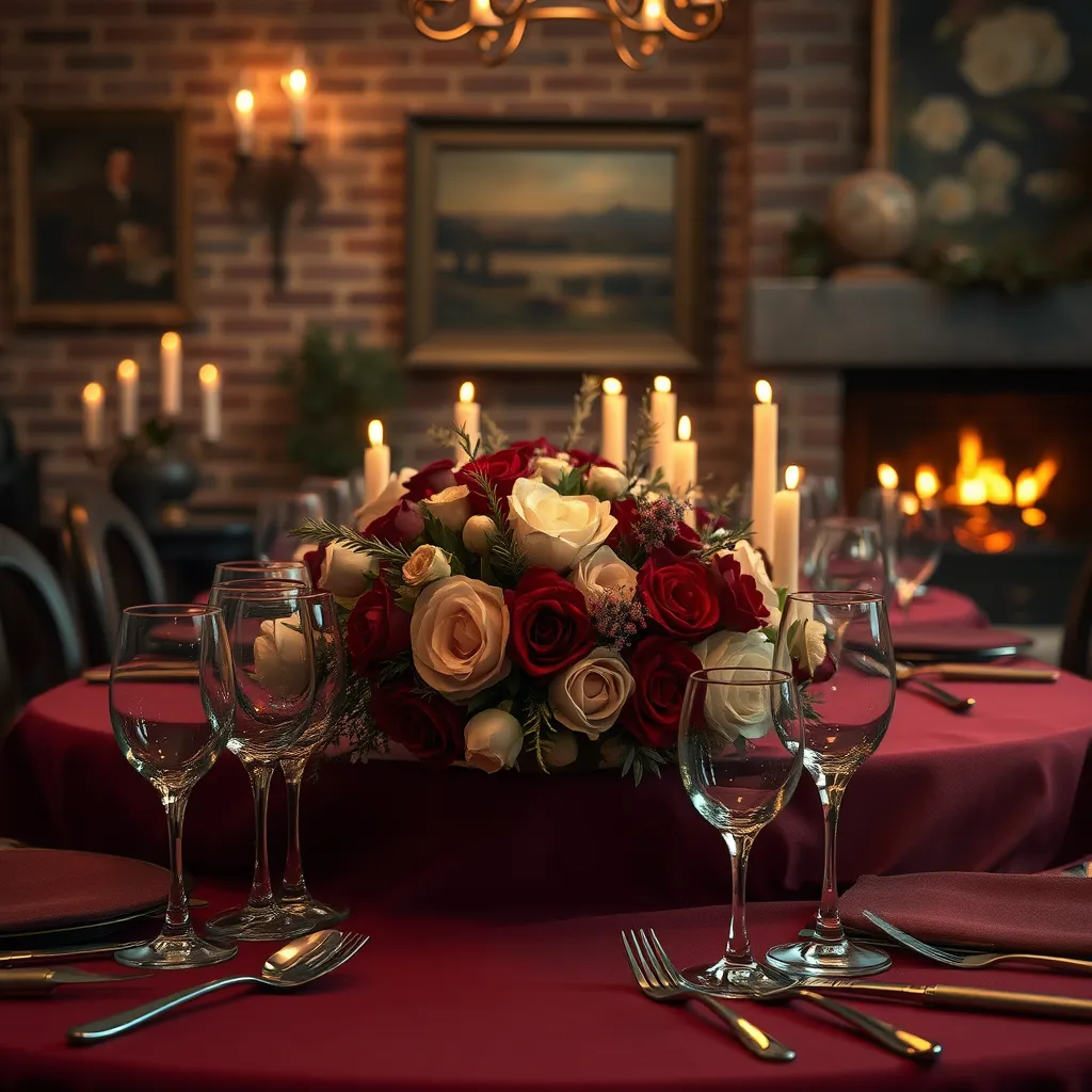 A cozy and intimate dining room bathed in warm, candlelight. A beautifully set table features a linen tablecloth in a deep, rich burgundy, antique silver cutlery, and delicate crystal glasses. A centerpiece of vintage-inspired floral arrangements features a mix of burgundy roses, ivory peonies, and sprigs of rosemary, creating a romantic and elegant ambiance. The background features a brick wall with a vintage oil painting and a fireplace with a crackling fire, adding to the warmth and charm of the scene. Capture the intimate and romantic atmosphere with a close-up shot focused on the table setting and the floral centerpiece. Render this scene with a hyperrealistic style, emphasizing the textures of the linens, the intricate details of the silver cutlery, and the vibrant hues of the flowers. Achieve a moody and romantic atmosphere, reminiscent of a classic still life painting.