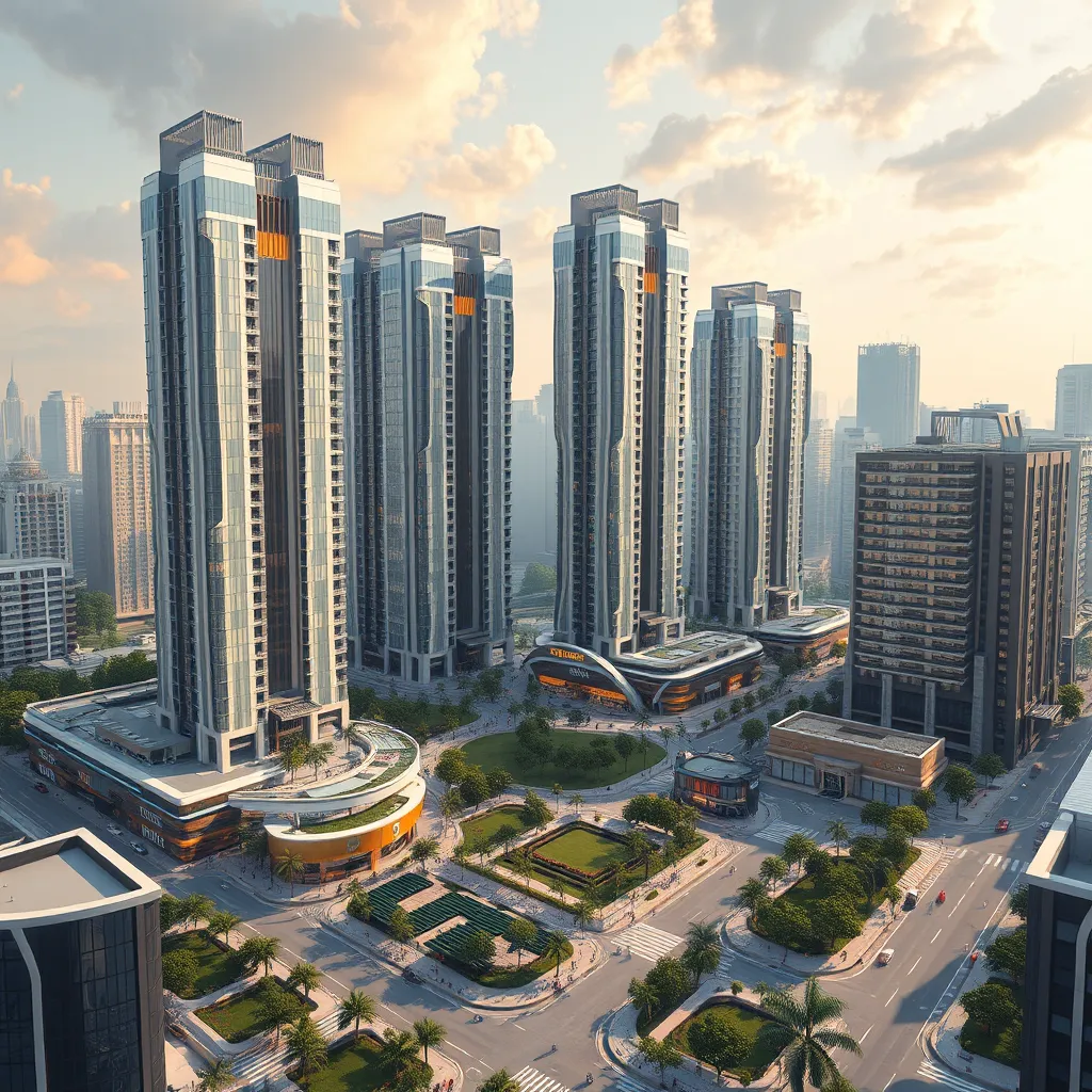 A detailed rendering of a futuristic mixed-use development project. The project includes high-rise residential towers, retail spaces, green parks, and public plazas. The design should be modern, sustainable, and inviting, showcasing the group's vision for revitalizing the city blocks.