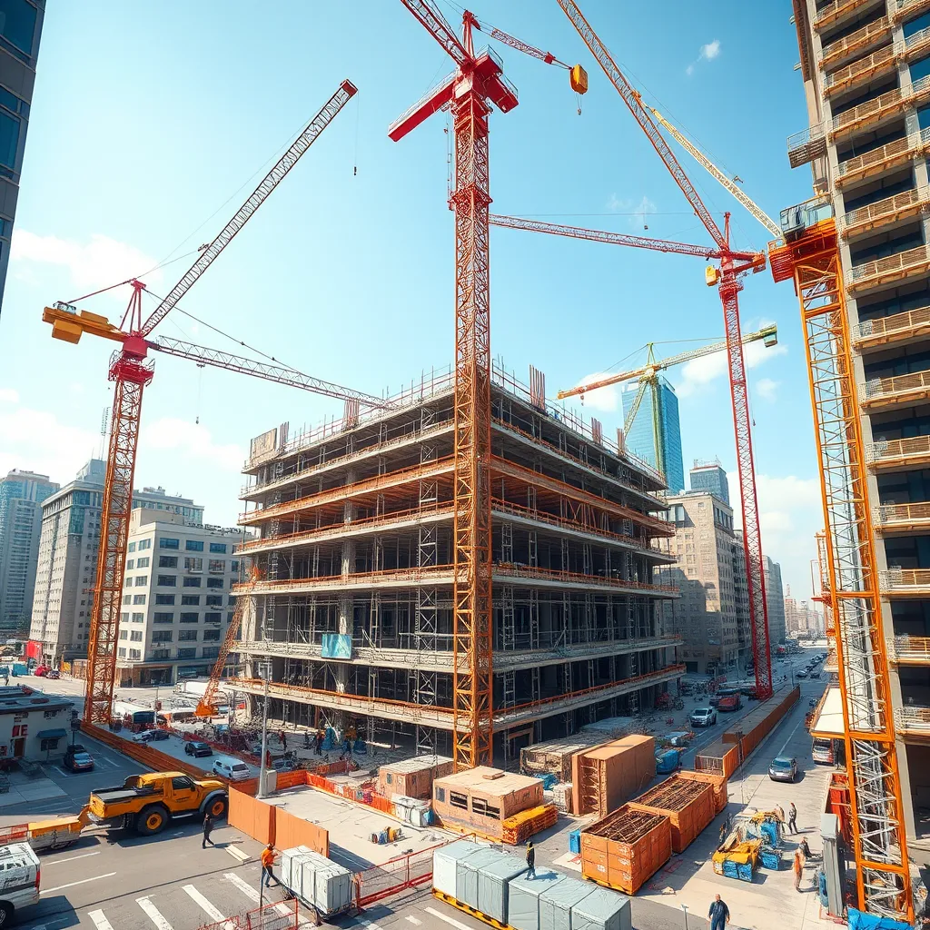 A dynamic and action-packed image depicting a large-scale construction project on a city block. Cranes are in motion, construction workers are busy at work, and the building is taking shape. The image should showcase the progress of the project, highlighting the complex and coordinated efforts involved in development.  The image should be captured from a wide-angle perspective, showcasing the entire city block and the scale of the project. The lighting should be natural and bright, highlighting the energy and activity of the construction site.  The image should be rendered in 8K resolution, with a focus on realistic textures and details, capturing the intricate details of construction and the progress of the project.