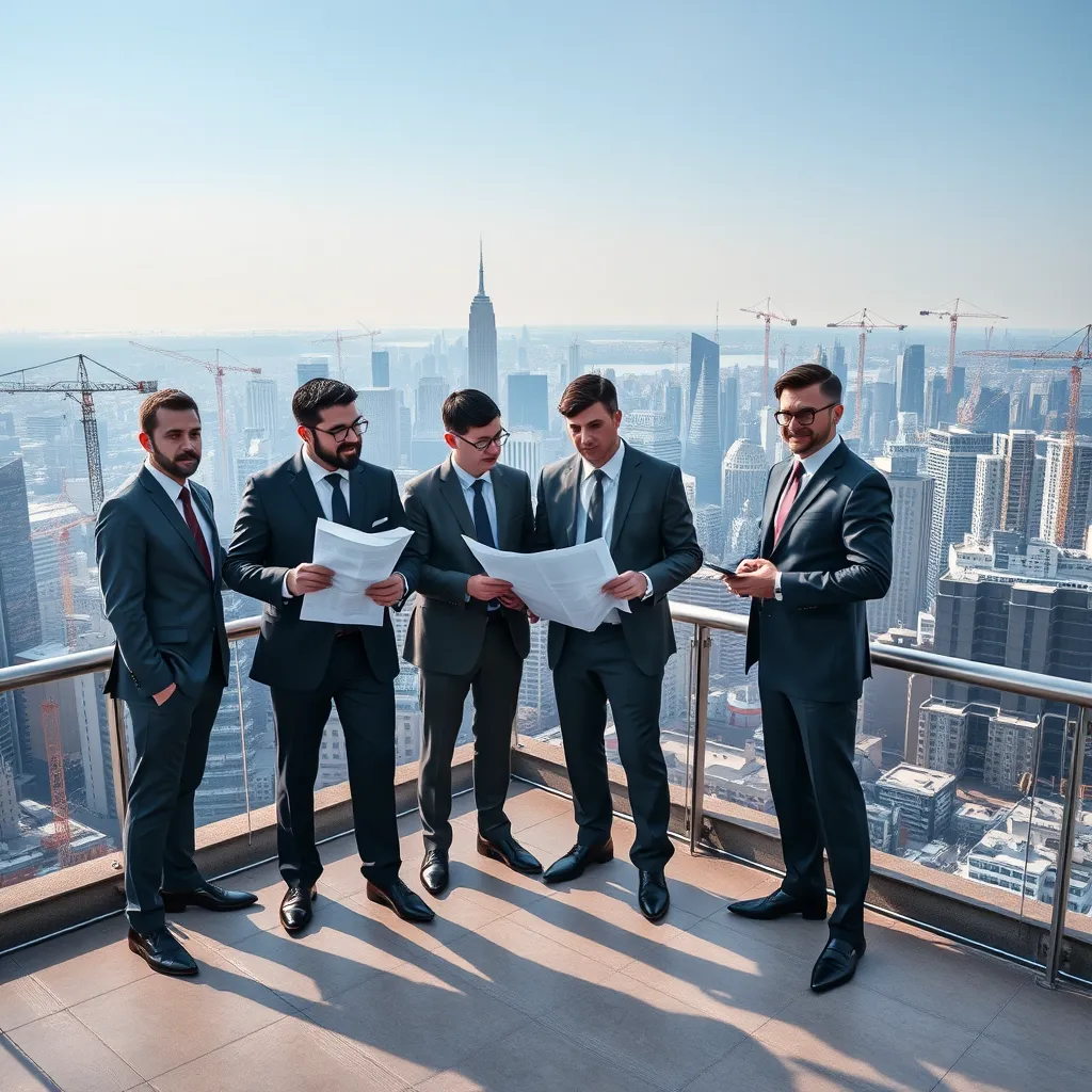 A group of confident men in suits, standing on a rooftop overlooking a bustling city skyline. They hold blueprints and discuss plans for development.  The cityscape is dominated by cranes and construction, reflecting a sense of progress and transformation.