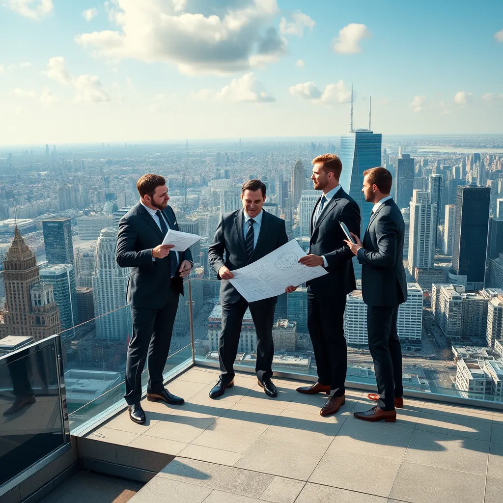 A group of successful businessmen in suits standing on a rooftop overlooking a sprawling city skyline, holding blueprints and discussing development plans. The cityscape is modern and vibrant, with high-rise buildings and bustling streets. The image should convey a sense of ambition, power, and strategic planning.