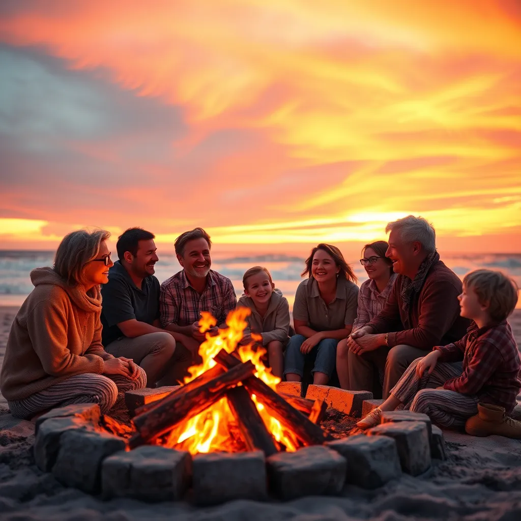 A heartwarming and nostalgic photorealistic image of a family gathered around a bonfire on a beach at sunset. The sky is ablaze with vibrant orange and pink hues, casting a warm glow on the group. They are laughing and sharing stories, with the sounds of crackling fire and crashing waves creating a soothing soundtrack.  The family members are diverse in age and personality, creating a sense of unity and love. They are dressed in comfortable clothing, enjoying the warmth of the fire and each other's company. The image should be high-resolution, 8K, and capture the essence of family bonding and the joy of shared moments. The composition should be intimate, focusing on the family members and their interaction with each other. The lighting should be warm and inviting, with the firelight casting flickering shadows on the faces and creating a sense of coziness. The style should be inspired by the works of Steven Spielberg, with a focus on capturing the heartwarming and nostalgic moments of family life.