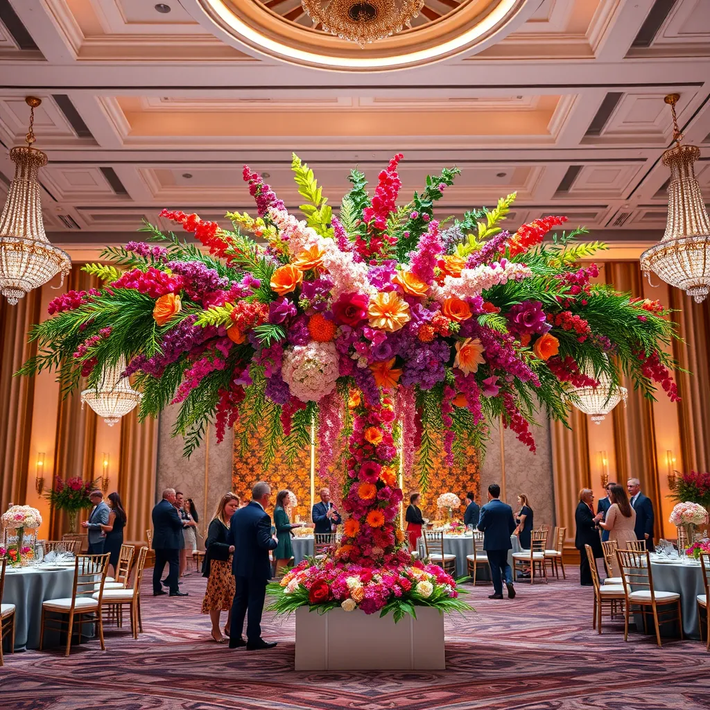 A large, elegant room decorated with a cohesive floral theme. Capture a grand centerpiece with cascading blooms in vibrant colors. Include guests mingling and interacting in the background, highlighting the impact of the floral design.