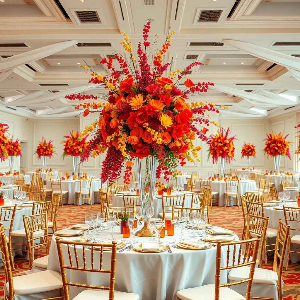 A large, lavish banquet hall with white tablecloths and gold chairs. The tables are adorned with large, cascading floral centerpieces featuring a mix of vibrant red, orange, and yellow flowers, creating a bold and dramatic effect.