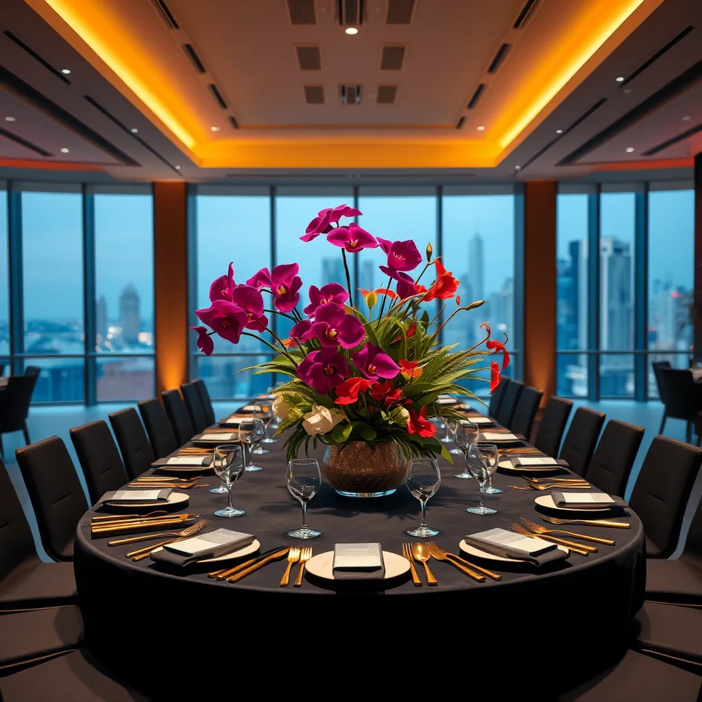 A modern corporate event space bathed in warm, ambient lighting. An expansive table is set with sleek black linens, minimalist white dinnerware, and metallic gold accents. A centerpiece of vibrant, contemporary floral arrangements features a mix of deep purple orchids, fiery red anthuriums, and lush green foliage. The background features a panoramic city skyline view, creating a sophisticated and stylish ambiance. Capture the energy and dynamism of the event with a wide-angle shot that showcases the table setting, the floral centerpiece, and the cityscape. Render this scene with ultra-high detail and realistic textures, emphasizing the sharp lines and modern aesthetic of the space. Achieve a professional and polished look, highlighting the event's high quality and impeccable execution.