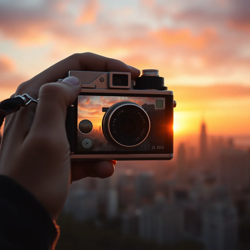 A person holding a vintage camera, taking a photo of a breathtaking sunset over a city skyline. The image should be artistic and evocative, capturing the beauty of the moment and the power of photography to preserve memories. The camera should be in focus, with the city skyline and sunset as a blurry backdrop.
