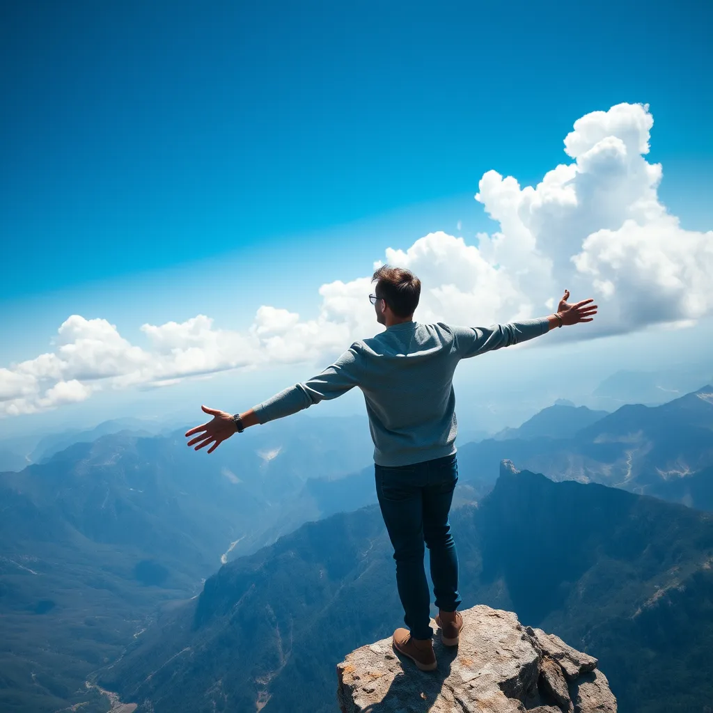A person with a determined expression, standing at the edge of a cliff overlooking a breathtaking mountain range, arms outstretched as if ready to embrace the view. The sky is a vibrant blue, with fluffy white clouds. The image should convey a sense of freedom and excitement for the unknown.
