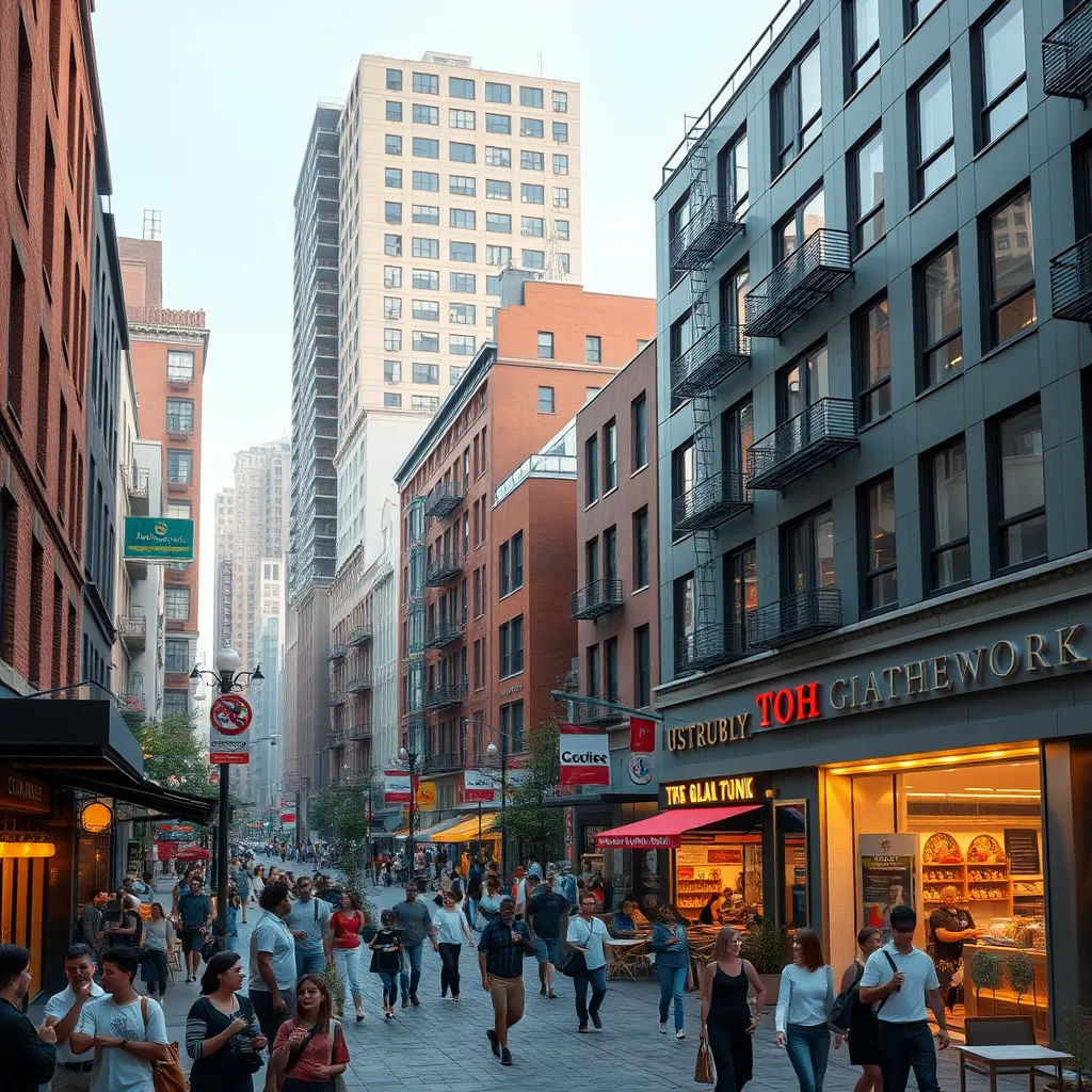 A photorealistic depiction of a bustling city block filled with activity. There are shops, restaurants, public spaces, and people walking and interacting. The buildings are modern and well-maintained, reflecting the group's positive impact on the area. The image should convey a sense of community, progress, and urban renewal.