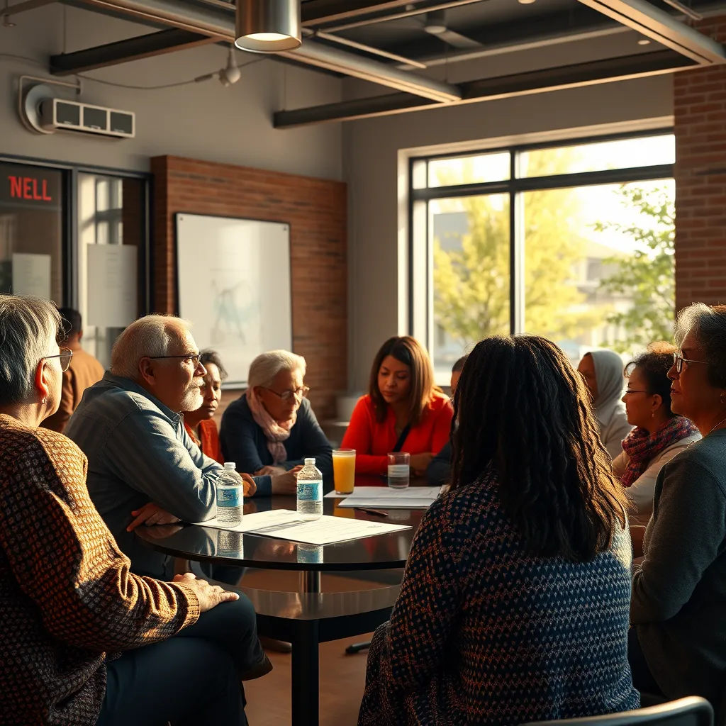 A photorealistic image depicting a community meeting where residents are discussing plans for a city block redevelopment. Show a diverse group of people, including families, business owners, and local leaders, actively participating in the discussion. The image should highlight the collaborative nature of the project and its focus on community involvement.
