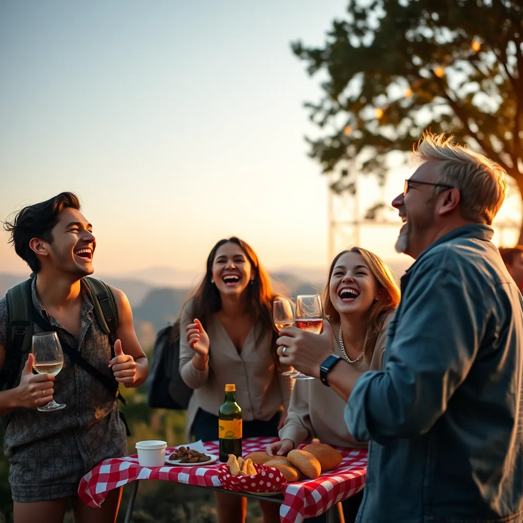 A photorealistic image of a group of friends laughing and enjoying a shared experience. They could be hiking in a scenic landscape, having a picnic in a park, or dancing at a concert. The image should convey a sense of connection, joy, and the importance of cherishing precious moments with loved ones.
