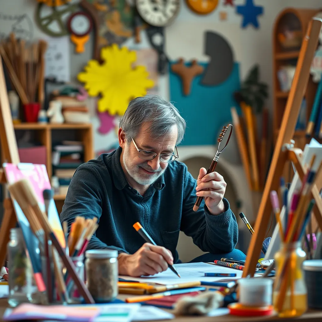 A photorealistic image of a person engrossed in a creative activity, surrounded by colorful materials and tools. They could be painting, sculpting, playing a musical instrument, or writing. The image should capture the joy and focus of creative exploration, highlighting the potential for self-discovery and personal growth.