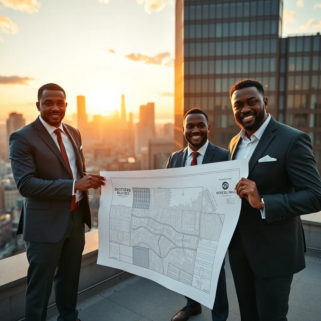 A photorealistic image of a team of four diverse men in suits, standing confidently on a rooftop overlooking a bustling city skyline. They are holding a blueprint of a city block, with the camera angle focusing on the blueprint and the cityscape in the background. The lighting should be warm and golden, with a sense of optimism and power. The image should have a high level of detail, showcasing the city's textures and buildings, and should be rendered in 8K resolution with hyperrealistic qualities, capturing the energy and excitement of urban development. The image should convey a sense of confidence and expertise in real estate investment, highlighting the collaborative nature of Brothers Buying Blocks.