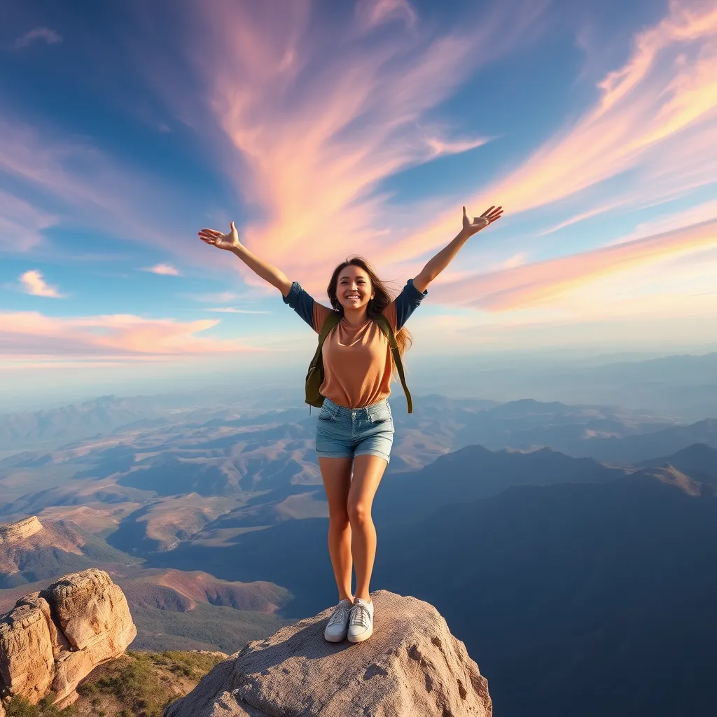 A photorealistic image of a young woman standing on a cliff overlooking a vast, breathtaking landscape. She is wearing casual clothing and a confident smile, with her arms outstretched as if she is about to take a leap of faith. The sky is filled with vibrant colors, symbolizing the possibilities that lie ahead. The overall tone of the image should be one of excitement, freedom, and a thirst for new experiences.
