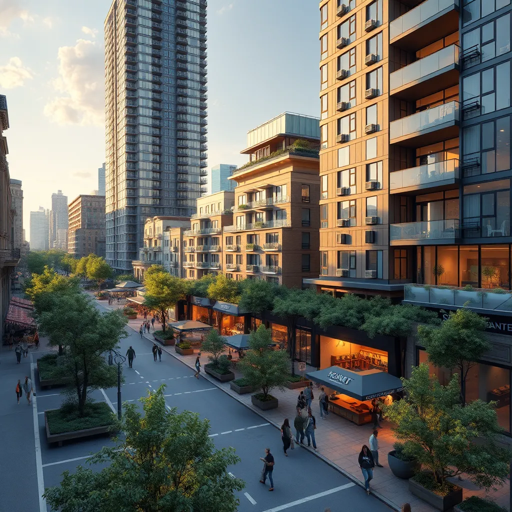 A photorealistic image showcasing a completed city block redevelopment project. Show a thriving community with modern, eco-friendly buildings, green spaces, and a bustling marketplace. The image should convey a sense of progress, innovation, and a vibrant future for the city.