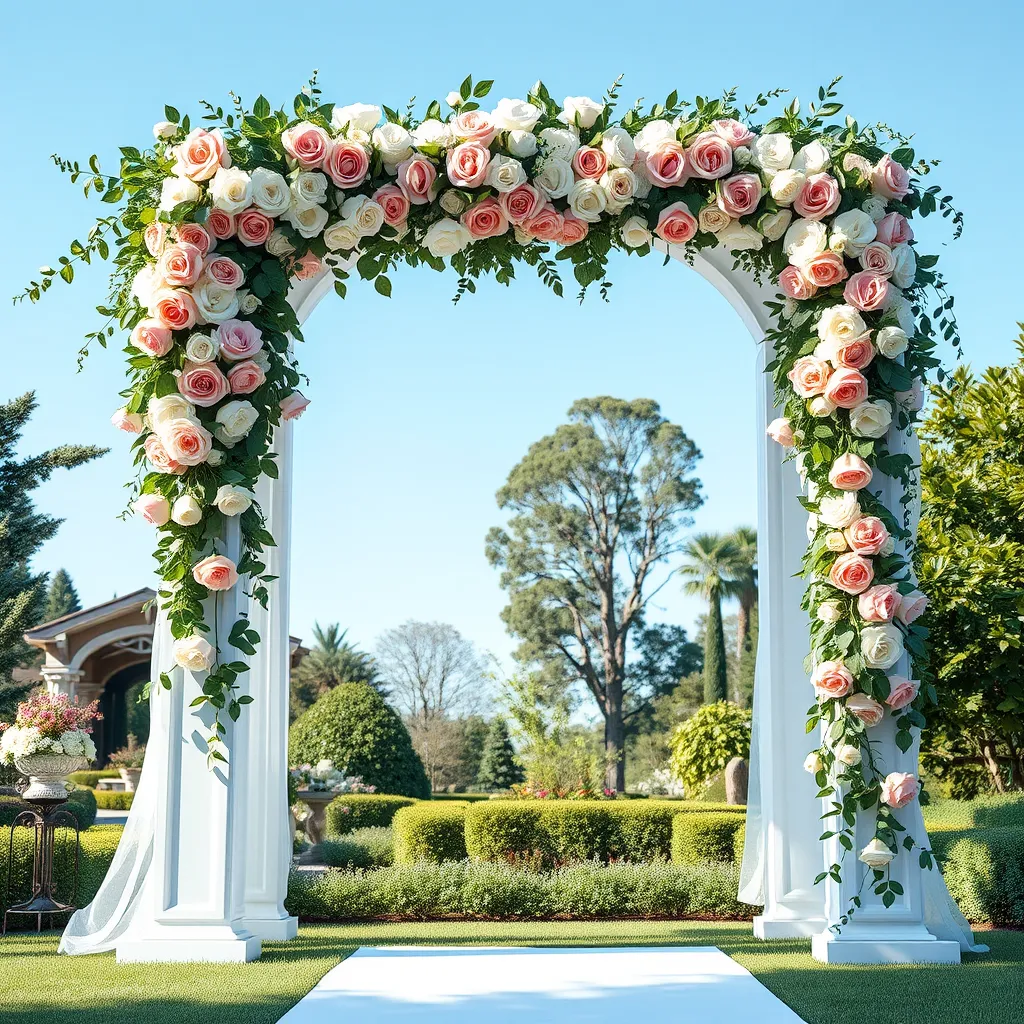 A romantic wedding ceremony setup with a white archway adorned with cascading pink and white roses, greenery, and eucalyptus leaves. The archway is set against a backdrop of a lush garden with a clear blue sky.