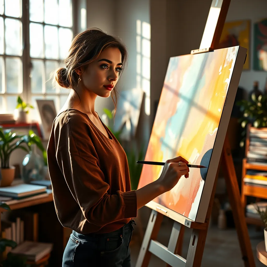 A serene and inspiring photorealistic image of a young woman, eyes filled with determination, painting in a sunlit studio. Her easel is set up in front of a large canvas, showcasing a vibrant abstract painting. The studio is filled with art supplies, books, and plants, creating a creative and inviting atmosphere. Soft natural light streams through the window, casting warm hues on the canvas and highlighting the artist's focus. The woman's expression conveys a sense of passion and purpose, her hands moving with grace and precision. The image should be high-resolution, 8K, and capture the beauty of the artistic process, with details of the brushstrokes, the textures of the paint, and the vibrant colors. The composition should be centered on the artist, with the canvas and surrounding elements acting as a backdrop for her creativity. The style should be inspired by the works of Georgia O'Keeffe, with a focus on capturing the beauty of the subject and the emotional power of art.