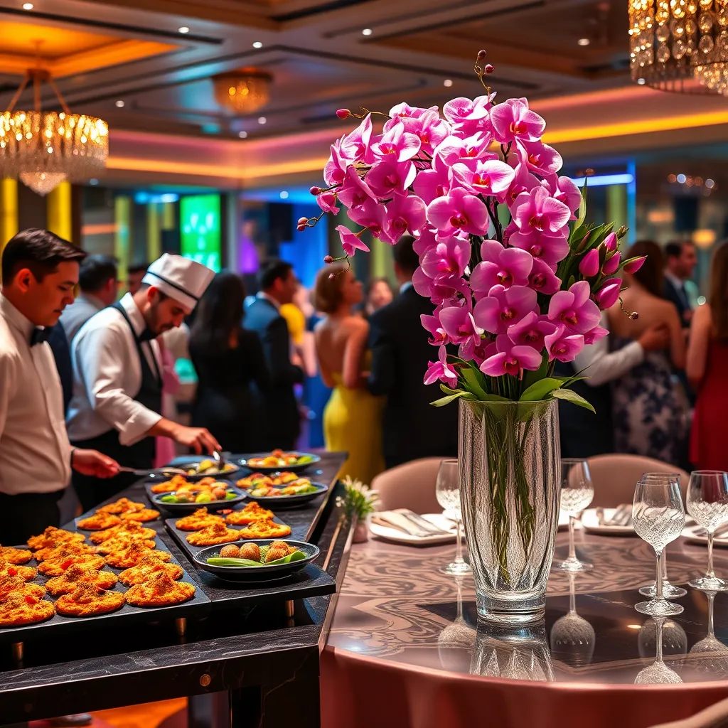 A vibrant, upscale cocktail party with guests mingling. The image should feature a catering station with a chef plating gourmet appetizers, while a floral designer arranges a cascade of pink and purple orchids in a crystal vase on a nearby table. The overall scene should be lively and festive.