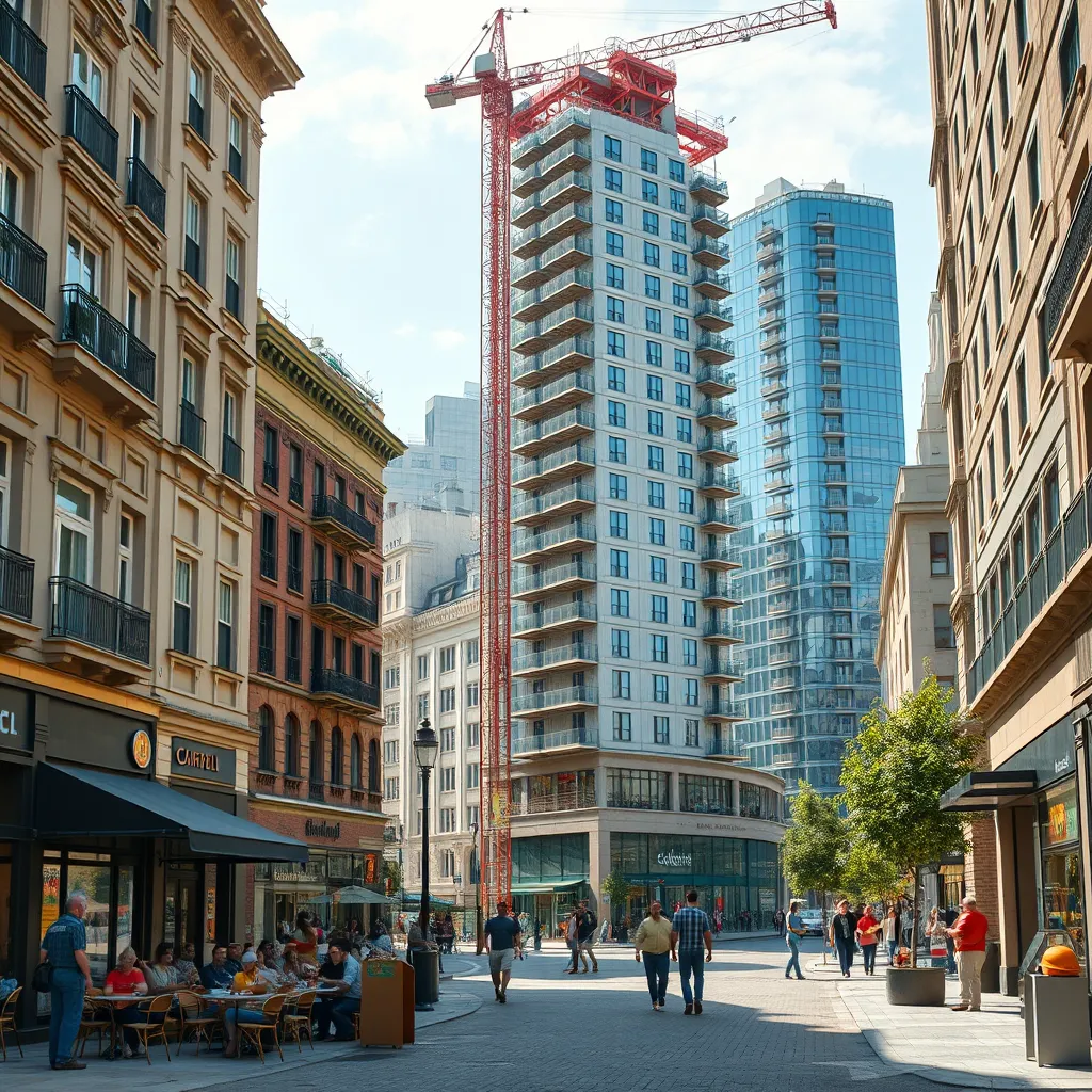 A vibrant city street scene with a mix of historic and modern buildings.  Newly constructed apartments and shops line the street, with people enjoying outdoor cafes and public spaces. Construction workers are visible, indicating ongoing development and revitalization.