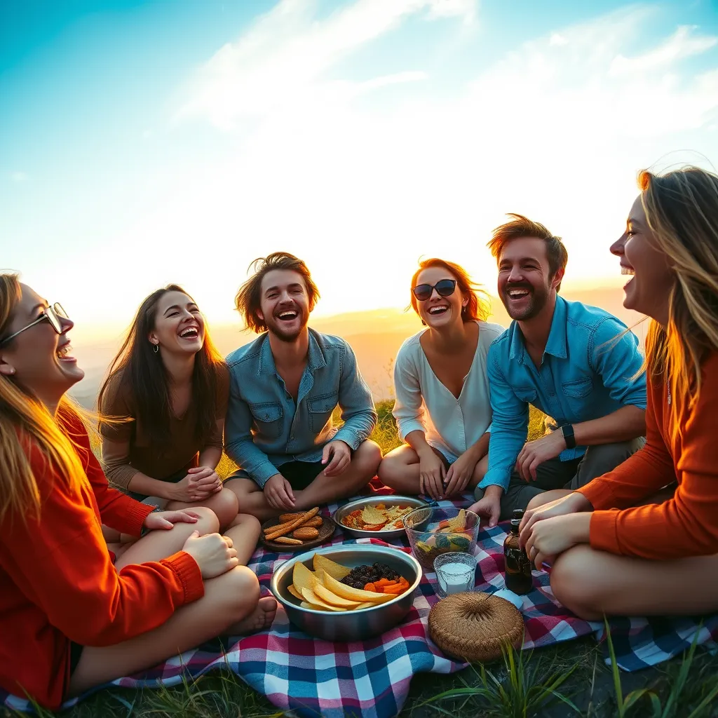 Generate a photorealistic, 8K resolution image of a diverse group of friends (ages 20-30) laughing and enjoying a sunset picnic on a mountaintop. The scene should be bathed in warm, golden light with soft shadows. The color palette should be vibrant and energetic, with pops of blue from the sky and green from the surrounding nature. Focus on capturing the joy and freedom of the moment. Use a wide-angle lens to create a sense of grandeur and emphasize the vastness of the natural landscape. The image should be highly detailed, showcasing realistic textures of the picnic blanket, food, and clothing. Include subtle windswept hair and a gentle breeze blowing through the trees in the background.  The overall style should evoke a sense of adventure, spontaneity, and connection with nature, similar to photography from National Geographic or a GoPro adventure film., ultra high resolution, photorealistic, 8K, hyperdetailed, cinematic lighting