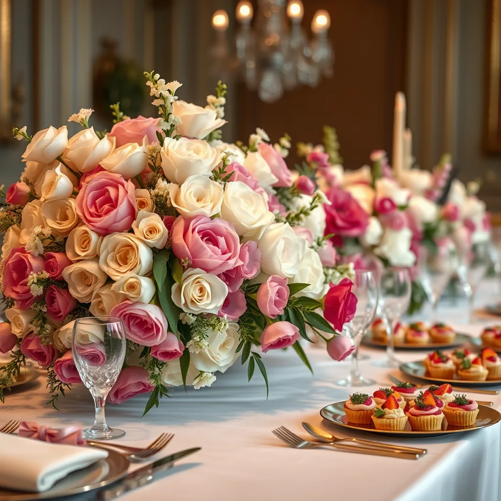 Generate a photorealistic, ultra-high quality header image (8K resolution, hyperrealistic) showcasing a beautifully arranged table setting for a wedding or special event. The table should be adorned with a lavish floral centerpiece featuring a mix of white roses, blush peonies, and vibrant pink ranunculus. The flowers should cascade gracefully over the table, creating a sense of opulence and romance.  The table should be set with elegant white linen, gold chargers, and delicate crystal glasses.  Include a selection of gourmet appetizers, including delicate canapés, colorful fruit skewers, and miniature quiches. The lighting should be soft and warm, highlighting the textures and colors of the food and flowers.  The image should be captured from a low angle, showcasing the entire table setting and emphasizing the beauty of the floral arrangements.  The background should be blurred, allowing the table to be the focal point.  The overall mood should be luxurious, romantic, and inviting, evoking a sense of celebration and exquisite taste., ultra high resolution, photorealistic, 8K, hyperdetailed, cinematic lighting