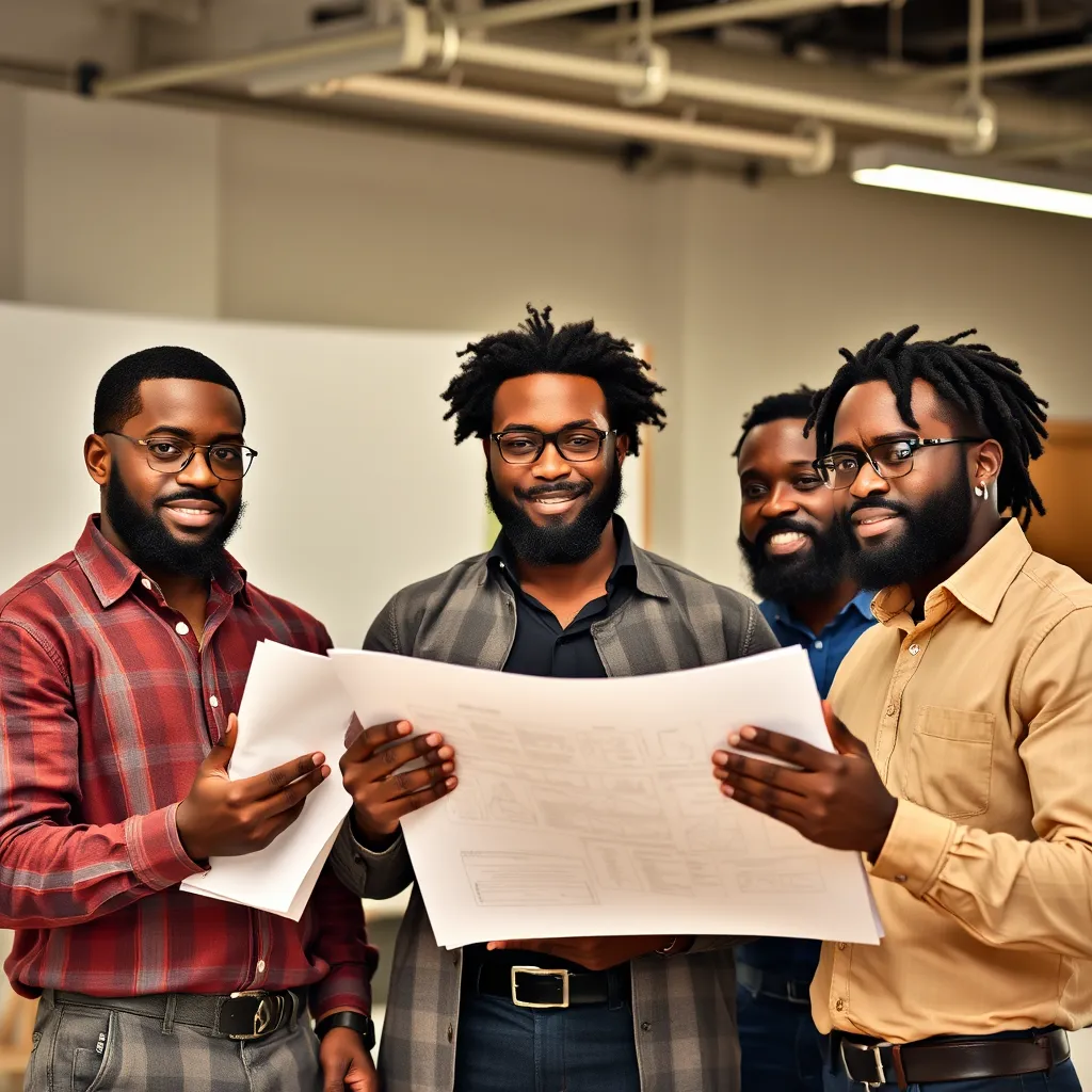 Generate a photorealistic, ultra-high quality image (8K resolution, hyperrealistic) of a group of diverse, confident men in their 30s and 40s standing on a rooftop overlooking a bustling city skyline at dusk. The men are casually dressed in modern, urban attire, and exude a sense of brotherhood and shared ambition. They are holding a blueprint of a city block, symbolizing their vision for development. The sky is ablaze with vibrant orange and pink hues, reflecting off the glass and steel buildings. Capture the energy of the cityscape, the power of the group, and the potential for growth and transformation. Emphasize a sense of excitement, camaraderie, and a shared passion for building something extraordinary.  The image should feel aspirational, dynamic, and powerful. Style references:  The Wolf of Wall Street, The Social Network, Billions.  Use a wide-angle lens to emphasize the scale and grandeur of the city., ultra high resolution, photorealistic, 8K, hyperdetailed, cinematic lighting